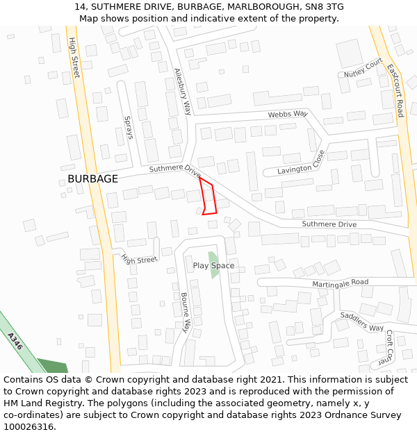 14, SUTHMERE DRIVE, BURBAGE, MARLBOROUGH, SN8 3TG: Location map and indicative extent of plot