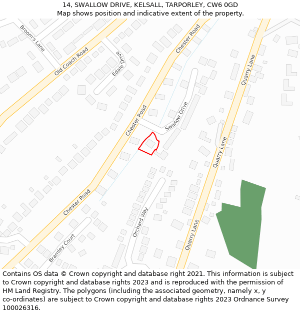 14, SWALLOW DRIVE, KELSALL, TARPORLEY, CW6 0GD: Location map and indicative extent of plot