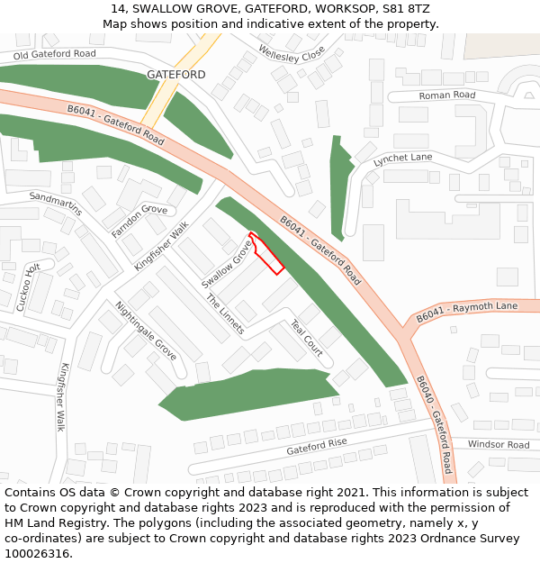 14, SWALLOW GROVE, GATEFORD, WORKSOP, S81 8TZ: Location map and indicative extent of plot