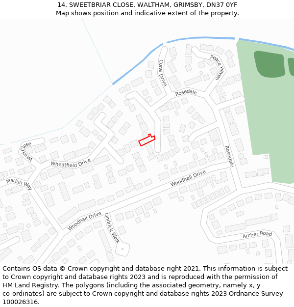 14, SWEETBRIAR CLOSE, WALTHAM, GRIMSBY, DN37 0YF: Location map and indicative extent of plot