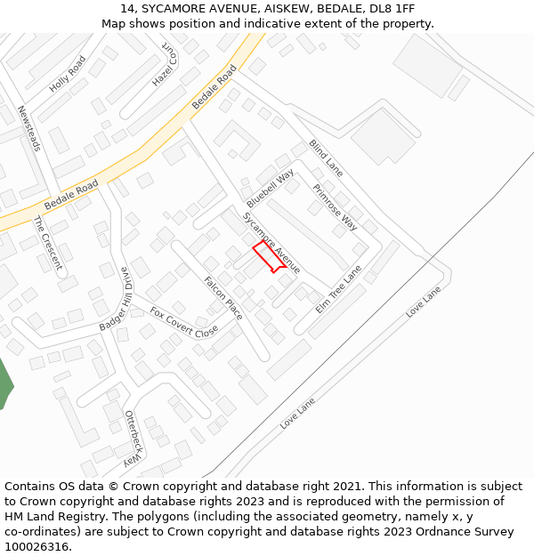 14, SYCAMORE AVENUE, AISKEW, BEDALE, DL8 1FF: Location map and indicative extent of plot