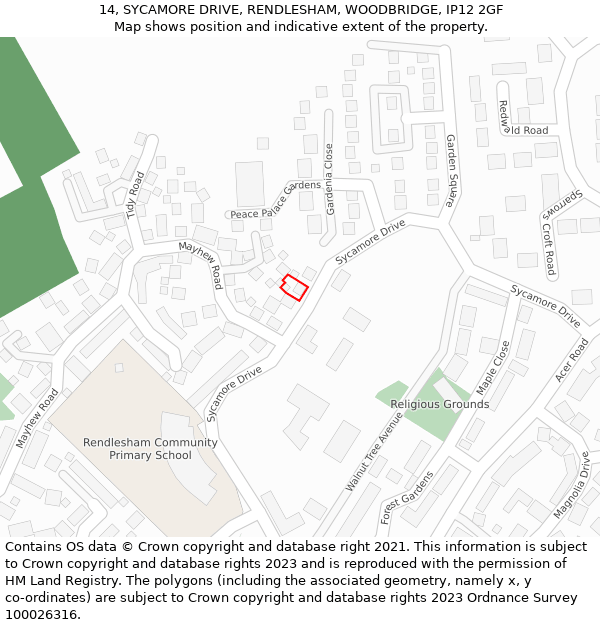 14, SYCAMORE DRIVE, RENDLESHAM, WOODBRIDGE, IP12 2GF: Location map and indicative extent of plot