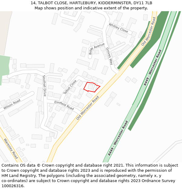 14, TALBOT CLOSE, HARTLEBURY, KIDDERMINSTER, DY11 7LB: Location map and indicative extent of plot