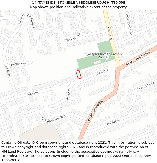 14, TAMESIDE, STOKESLEY, MIDDLESBROUGH, TS9 5PE: Location map and indicative extent of plot