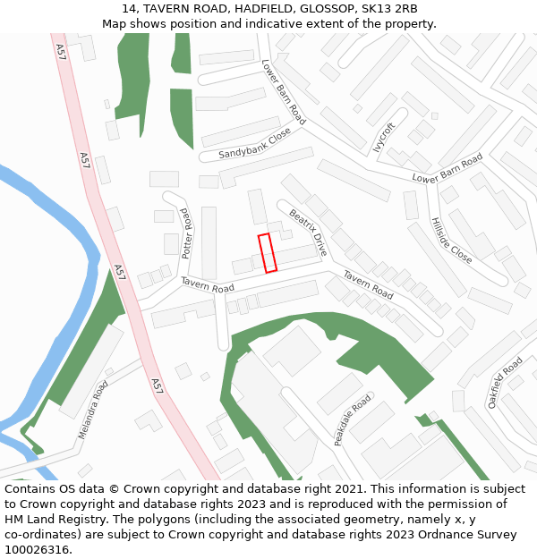 14, TAVERN ROAD, HADFIELD, GLOSSOP, SK13 2RB: Location map and indicative extent of plot