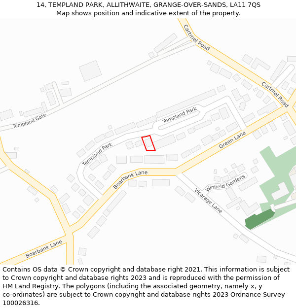 14, TEMPLAND PARK, ALLITHWAITE, GRANGE-OVER-SANDS, LA11 7QS: Location map and indicative extent of plot