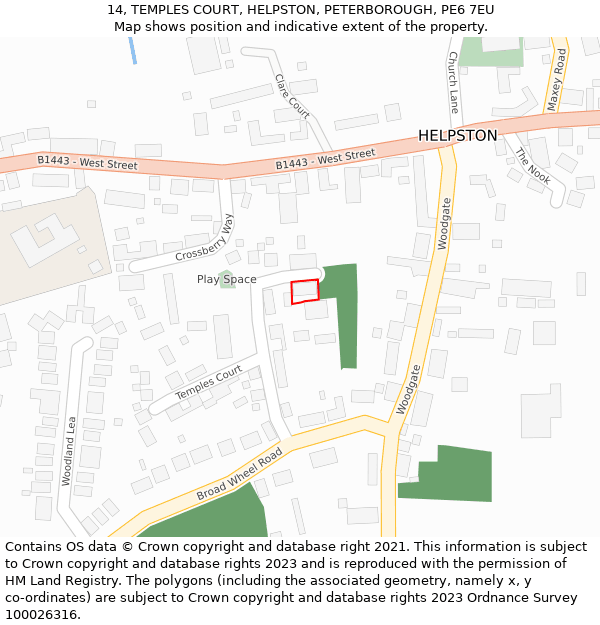 14, TEMPLES COURT, HELPSTON, PETERBOROUGH, PE6 7EU: Location map and indicative extent of plot