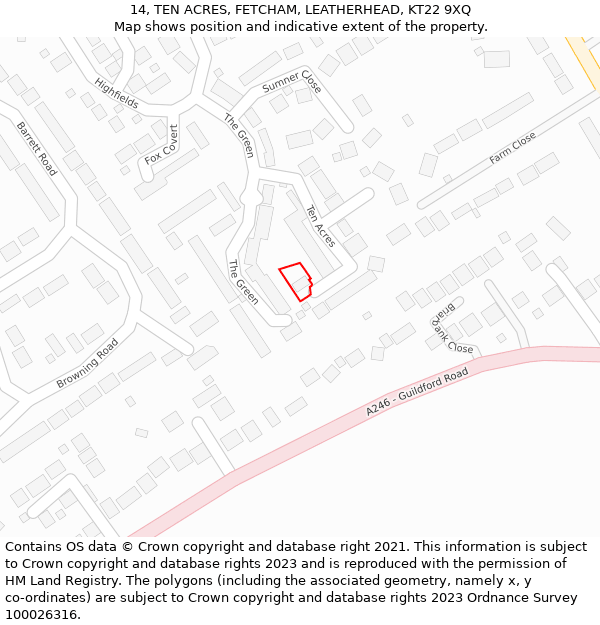 14, TEN ACRES, FETCHAM, LEATHERHEAD, KT22 9XQ: Location map and indicative extent of plot