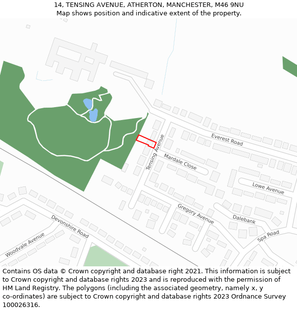 14, TENSING AVENUE, ATHERTON, MANCHESTER, M46 9NU: Location map and indicative extent of plot