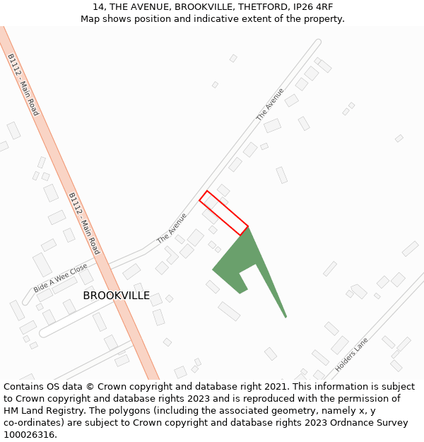 14, THE AVENUE, BROOKVILLE, THETFORD, IP26 4RF: Location map and indicative extent of plot