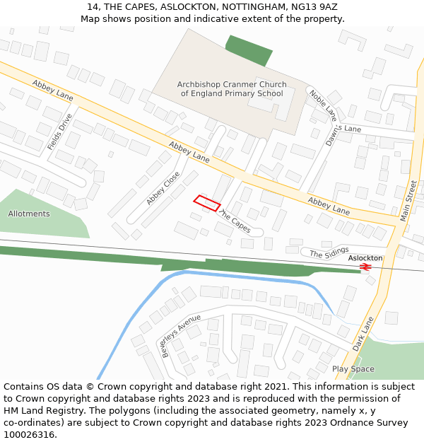 14, THE CAPES, ASLOCKTON, NOTTINGHAM, NG13 9AZ: Location map and indicative extent of plot