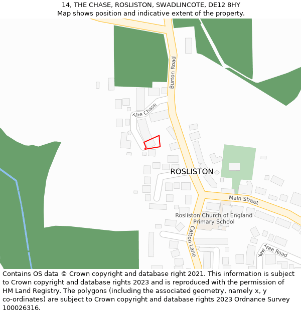 14, THE CHASE, ROSLISTON, SWADLINCOTE, DE12 8HY: Location map and indicative extent of plot