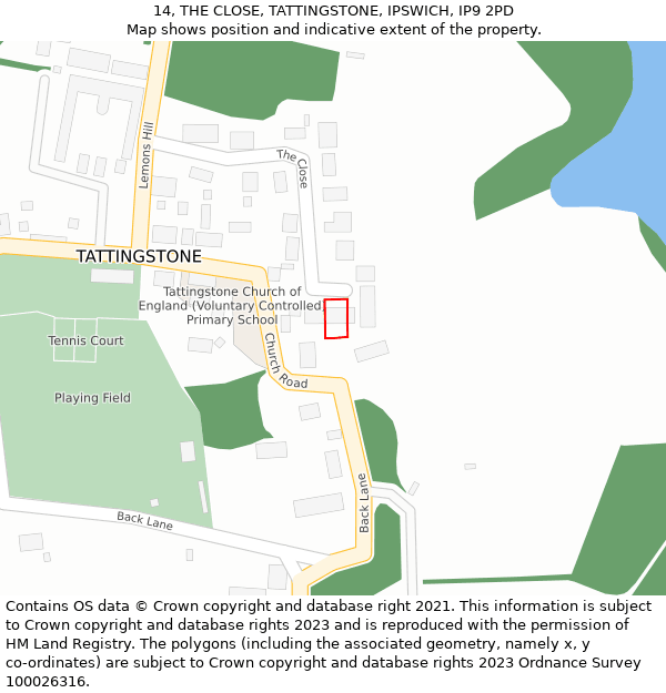 14, THE CLOSE, TATTINGSTONE, IPSWICH, IP9 2PD: Location map and indicative extent of plot