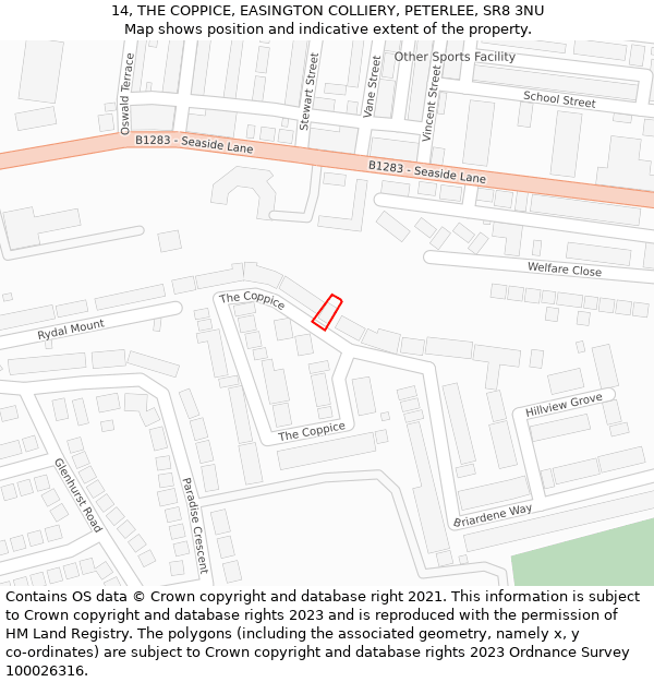 14, THE COPPICE, EASINGTON COLLIERY, PETERLEE, SR8 3NU: Location map and indicative extent of plot