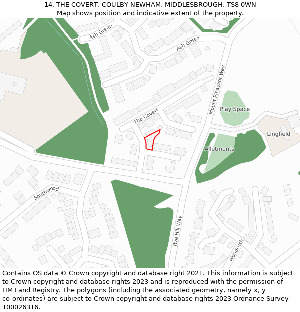 14, THE COVERT, COULBY NEWHAM, MIDDLESBROUGH, TS8 0WN: Location map and indicative extent of plot