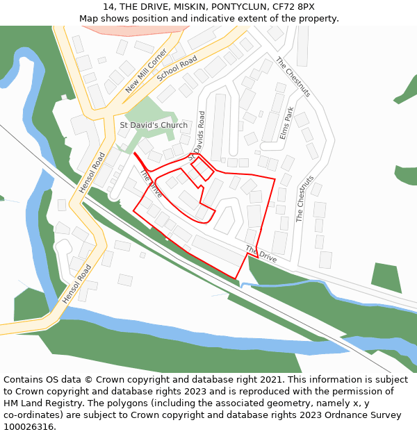 14, THE DRIVE, MISKIN, PONTYCLUN, CF72 8PX: Location map and indicative extent of plot