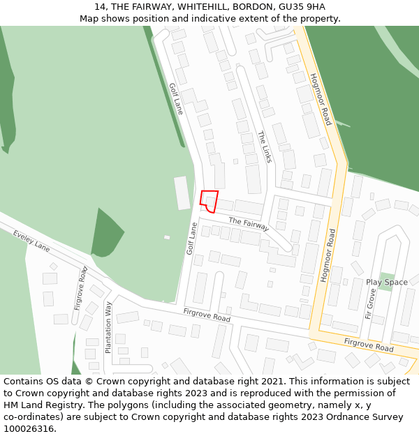14, THE FAIRWAY, WHITEHILL, BORDON, GU35 9HA: Location map and indicative extent of plot