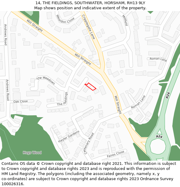 14, THE FIELDINGS, SOUTHWATER, HORSHAM, RH13 9LY: Location map and indicative extent of plot