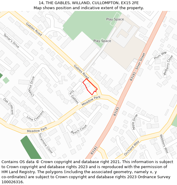 14, THE GABLES, WILLAND, CULLOMPTON, EX15 2FE: Location map and indicative extent of plot