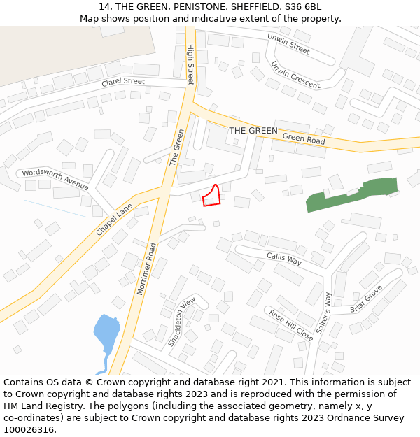 14, THE GREEN, PENISTONE, SHEFFIELD, S36 6BL: Location map and indicative extent of plot