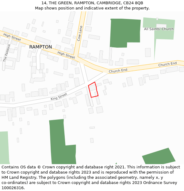 14, THE GREEN, RAMPTON, CAMBRIDGE, CB24 8QB: Location map and indicative extent of plot