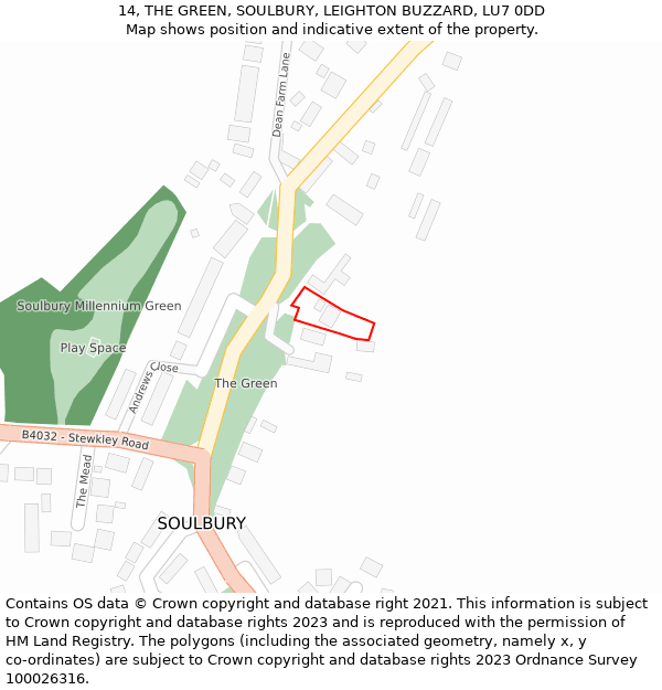 14, THE GREEN, SOULBURY, LEIGHTON BUZZARD, LU7 0DD: Location map and indicative extent of plot