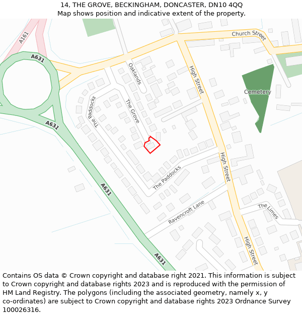 14, THE GROVE, BECKINGHAM, DONCASTER, DN10 4QQ: Location map and indicative extent of plot