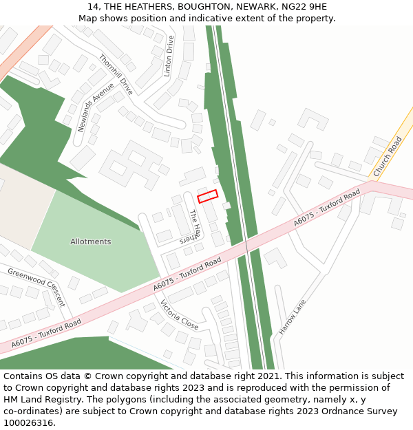 14, THE HEATHERS, BOUGHTON, NEWARK, NG22 9HE: Location map and indicative extent of plot