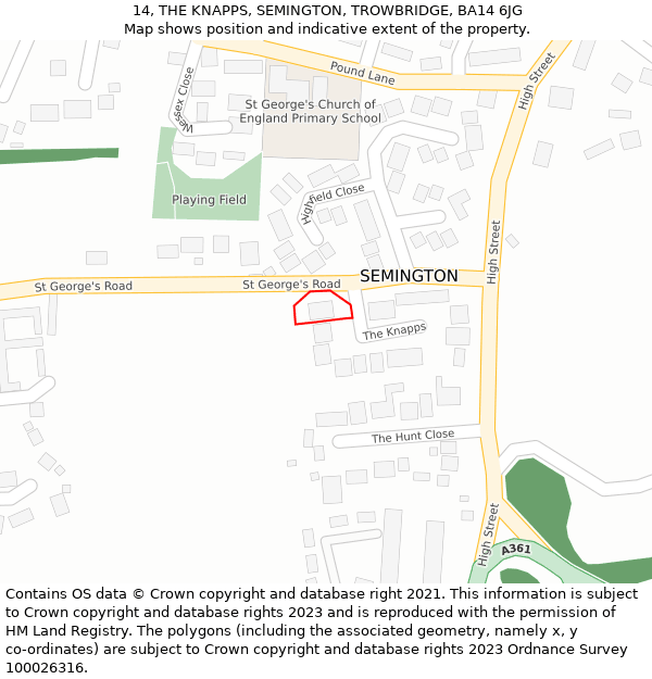 14, THE KNAPPS, SEMINGTON, TROWBRIDGE, BA14 6JG: Location map and indicative extent of plot