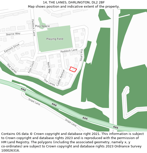 14, THE LANES, DARLINGTON, DL2 2BF: Location map and indicative extent of plot