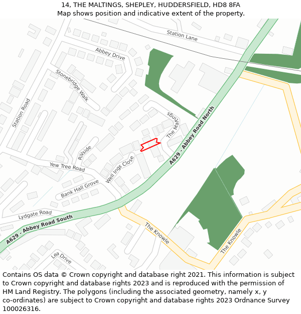 14, THE MALTINGS, SHEPLEY, HUDDERSFIELD, HD8 8FA: Location map and indicative extent of plot