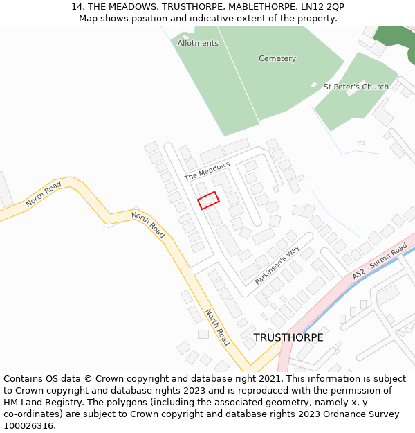 14, THE MEADOWS, TRUSTHORPE, MABLETHORPE, LN12 2QP: Location map and indicative extent of plot