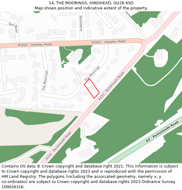 14, THE MOORINGS, HINDHEAD, GU26 6SD: Location map and indicative extent of plot