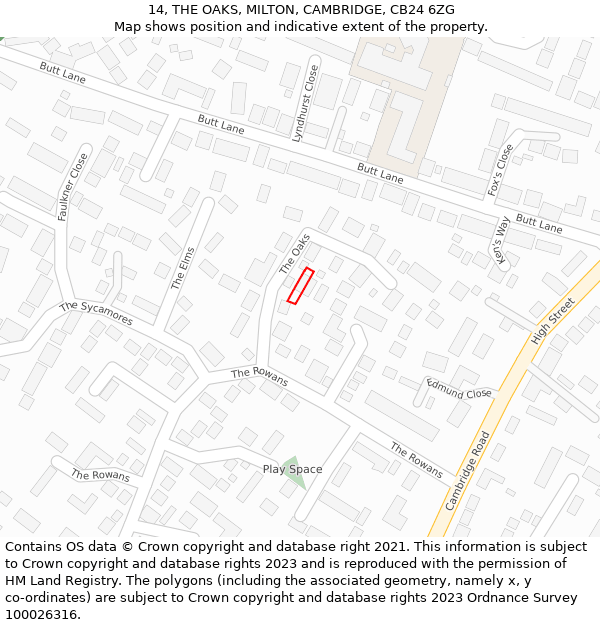 14, THE OAKS, MILTON, CAMBRIDGE, CB24 6ZG: Location map and indicative extent of plot