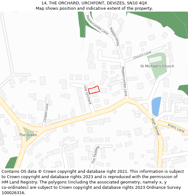 14, THE ORCHARD, URCHFONT, DEVIZES, SN10 4QX: Location map and indicative extent of plot