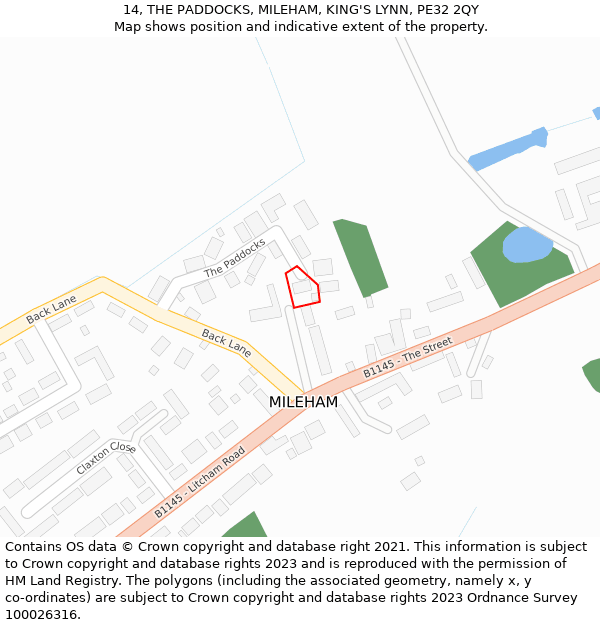 14, THE PADDOCKS, MILEHAM, KING'S LYNN, PE32 2QY: Location map and indicative extent of plot