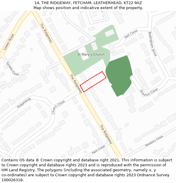 14, THE RIDGEWAY, FETCHAM, LEATHERHEAD, KT22 9AZ: Location map and indicative extent of plot