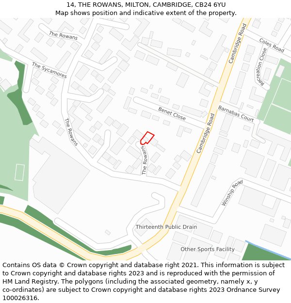 14, THE ROWANS, MILTON, CAMBRIDGE, CB24 6YU: Location map and indicative extent of plot