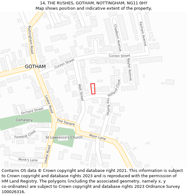 14, THE RUSHES, GOTHAM, NOTTINGHAM, NG11 0HY: Location map and indicative extent of plot