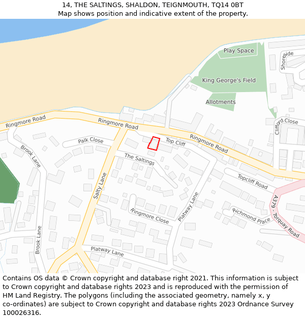 14, THE SALTINGS, SHALDON, TEIGNMOUTH, TQ14 0BT: Location map and indicative extent of plot