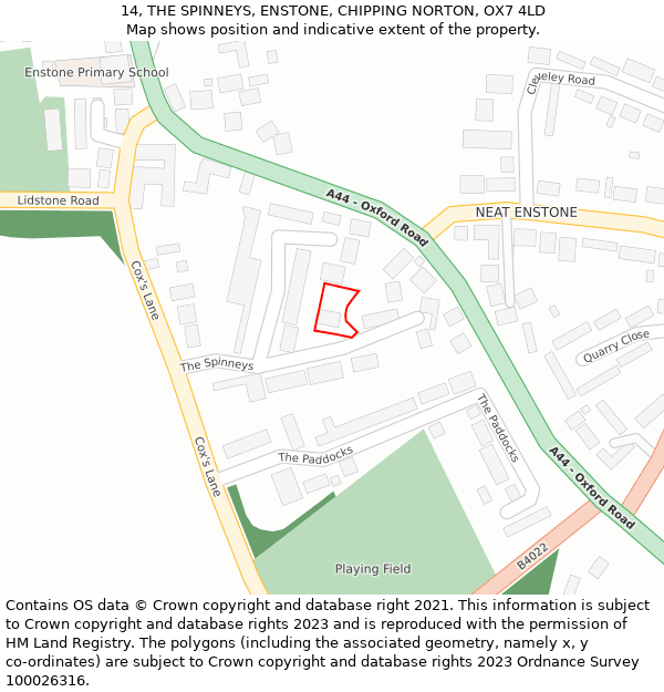 14, THE SPINNEYS, ENSTONE, CHIPPING NORTON, OX7 4LD: Location map and indicative extent of plot