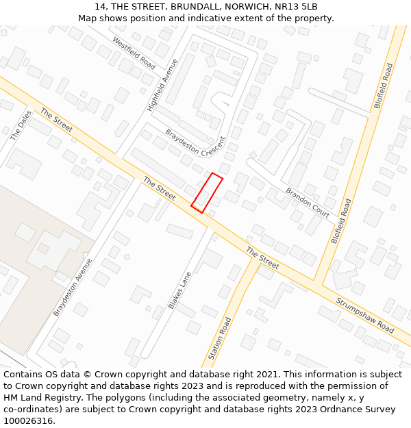 14, THE STREET, BRUNDALL, NORWICH, NR13 5LB: Location map and indicative extent of plot