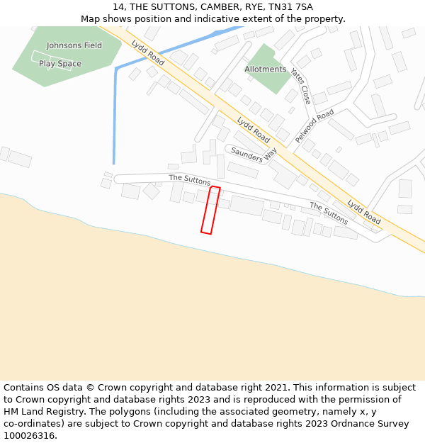 14, THE SUTTONS, CAMBER, RYE, TN31 7SA: Location map and indicative extent of plot