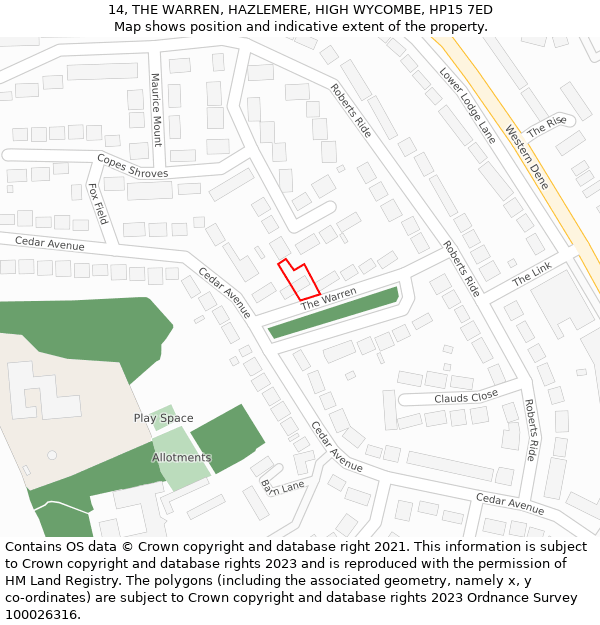 14, THE WARREN, HAZLEMERE, HIGH WYCOMBE, HP15 7ED: Location map and indicative extent of plot