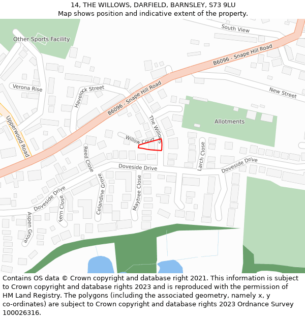 14, THE WILLOWS, DARFIELD, BARNSLEY, S73 9LU: Location map and indicative extent of plot