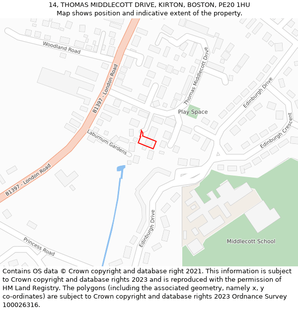 14, THOMAS MIDDLECOTT DRIVE, KIRTON, BOSTON, PE20 1HU: Location map and indicative extent of plot