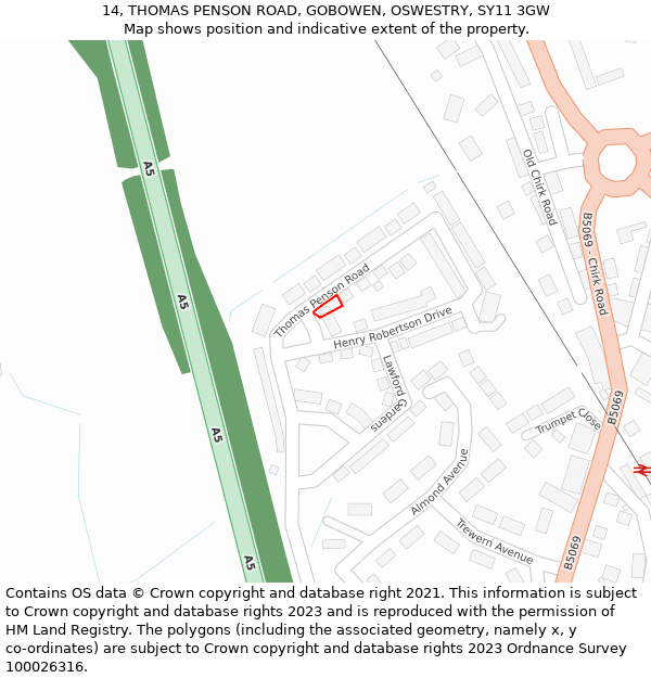 14, THOMAS PENSON ROAD, GOBOWEN, OSWESTRY, SY11 3GW: Location map and indicative extent of plot