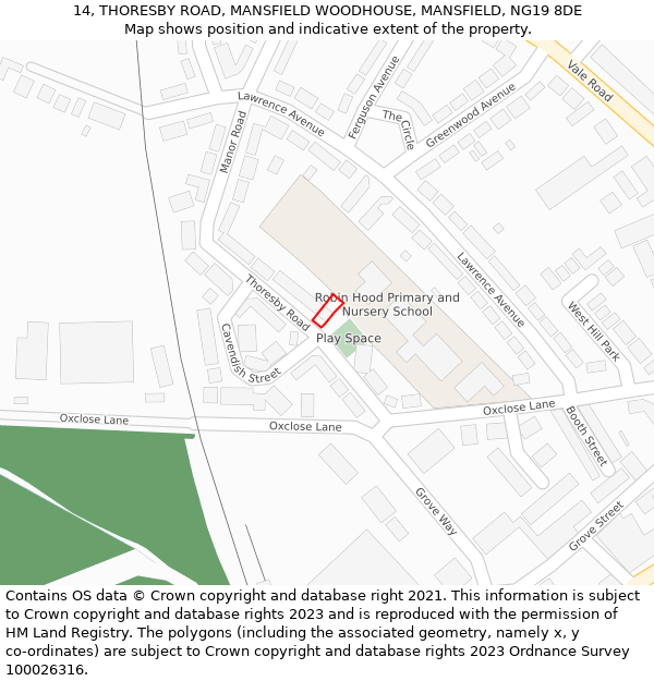 14, THORESBY ROAD, MANSFIELD WOODHOUSE, MANSFIELD, NG19 8DE: Location map and indicative extent of plot
