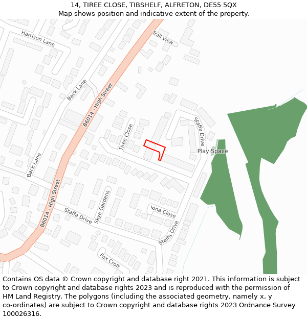 14, TIREE CLOSE, TIBSHELF, ALFRETON, DE55 5QX: Location map and indicative extent of plot