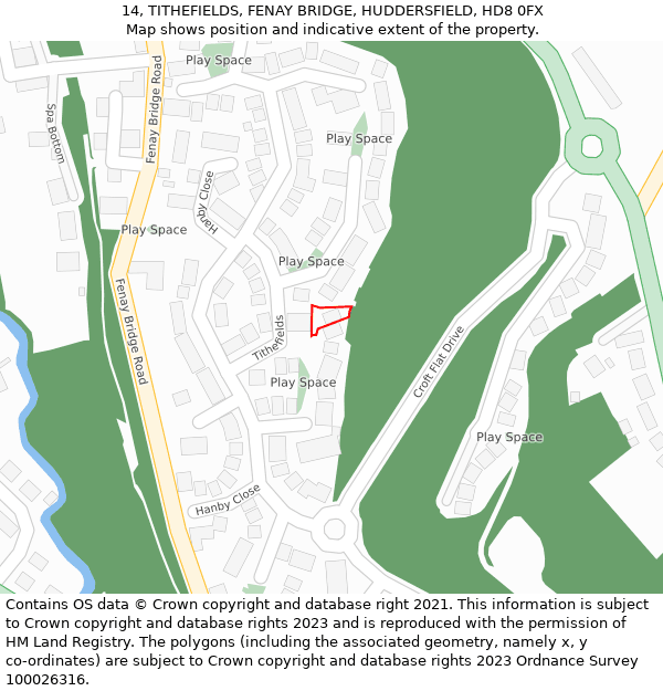 14, TITHEFIELDS, FENAY BRIDGE, HUDDERSFIELD, HD8 0FX: Location map and indicative extent of plot